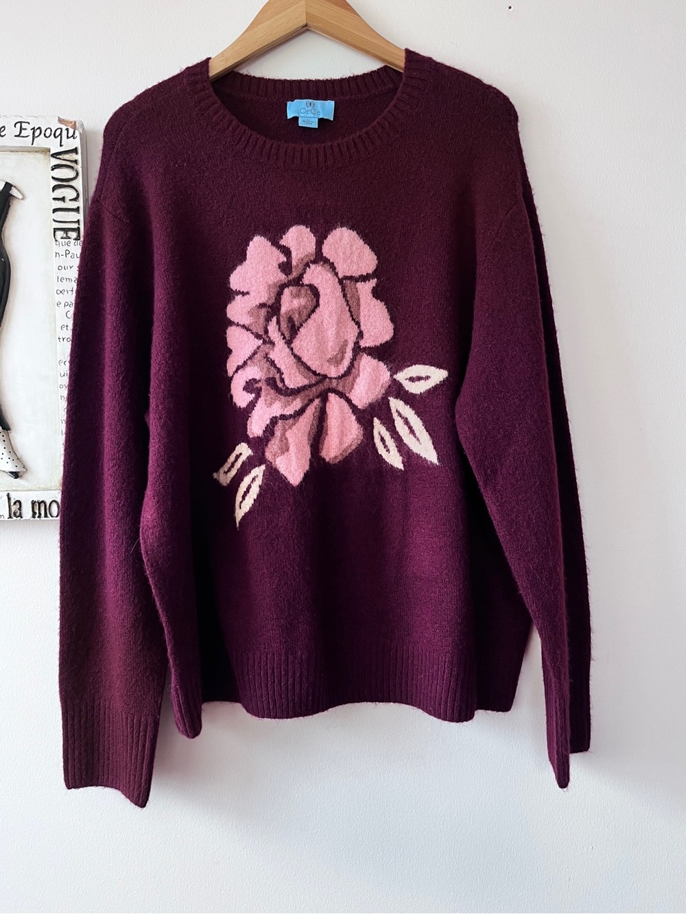 CeCe Burgundy Crewneck Sweater with Pink Floral Intarsia Size L